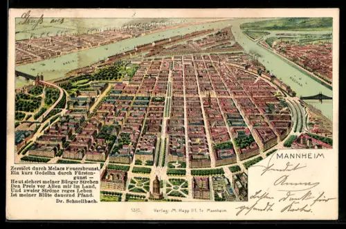 Lithographie Mannheim, Schematische Ortsansicht mit Rhein u. Neckar