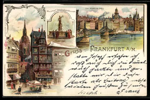 Lithographie Alt-Frankfurt, Eiserner Steg, Gerechtigkeitsbrunnen, Eingang zum Markt