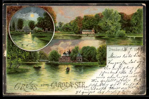 Lithographie Dresden, Carola-See, Bootshaus, Parkansicht