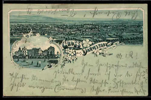 Lithographie Darmstadt, Schloss, Stadtansicht