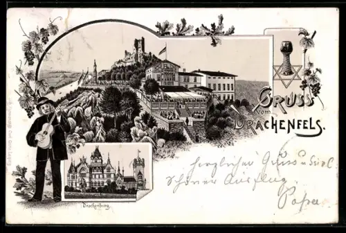 Lithographie Drachenfels, Burgruine, Drachenburg, Gasthaus mit Aussichtsterrasse