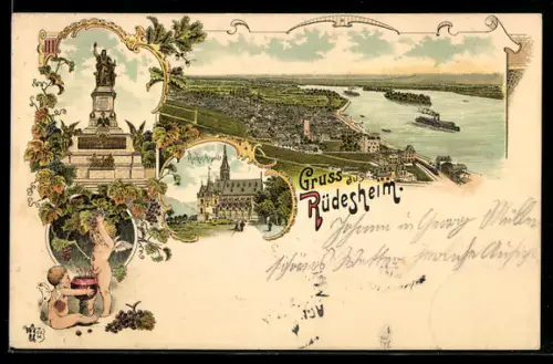 Lithographie Rüdesheim, Nationaldenkmal, Ort mit Rheinpanorama, Rochus-Kapelle