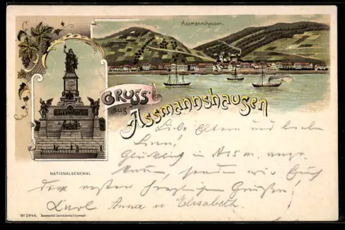 Lithographie Assmannshausen, Ortsansicht, Nationaldenkmal