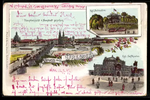 Lithographie Dresden, Hauptansicht v. Neustadt aus, Kgl. Belvedère, Kgl. Hoftheater