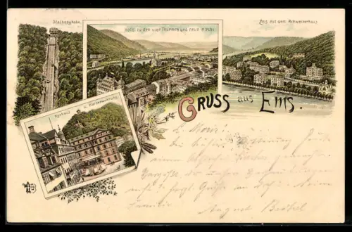 Lithographie Ems, Malbergbahn, Hotel zu den vier Thürmen und neue Kirche, Kurhaus mit Kaiserwohnung