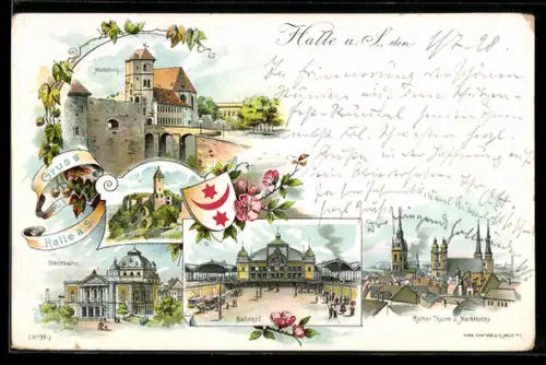 Lithographie Halle a. S., Moritzburg, Stadttheater, Bahnhof, Roter Turm und Marktkirche