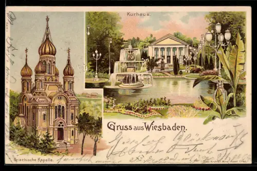 Lithographie Wiesbaden, Kurhaus, Brunnen und Griechische Kapelle