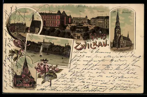 Lithographie Zwickau, Albertplatz, Marienkirche, Hauptpost, Schwanenteich