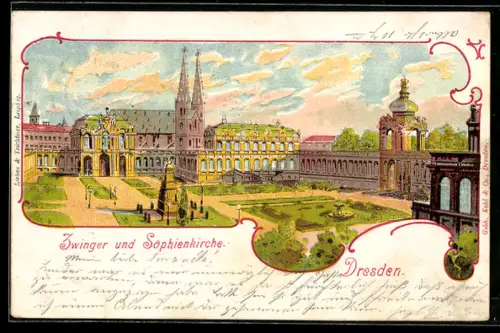 Lithographie Dresden, Zwinger und Sophienkirche