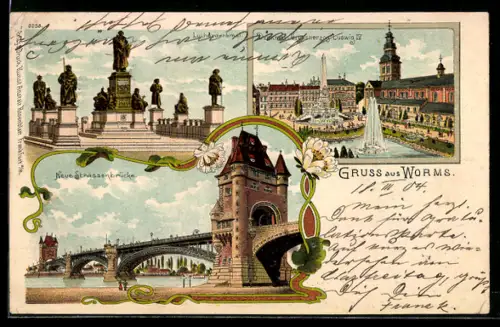 Lithographie Worms, Neue Strassenbrücke, Lutherdenkmal, Ludwigsdenkmal