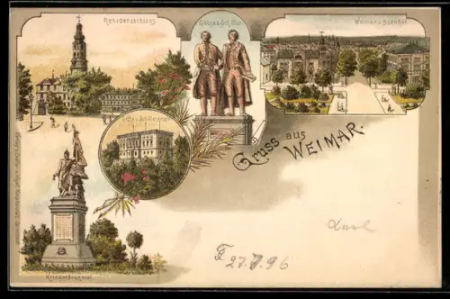 Lithographie Weimar, Bahnhof, Residenzschloss, Goethe-Schiller-Denkmal, Kriegerdenkmal