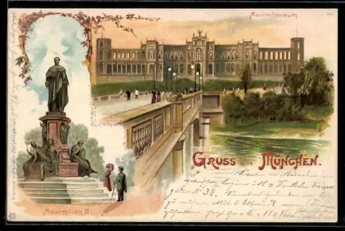 Lithographie München, Maximilianeum, Maximilian II. Denkmal