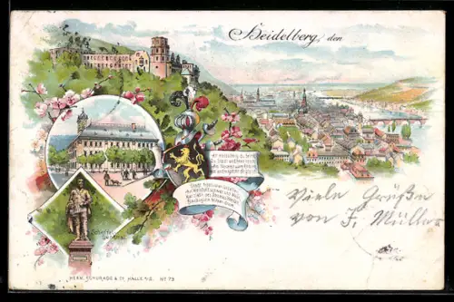 Lithographie Heidelberg, Stadt u. Schloss, Universität, Scheffeldenkmal