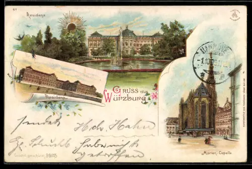 Sonnenschein-AK Würzburg, Residenz, Marienkapelle, goldene Sonne