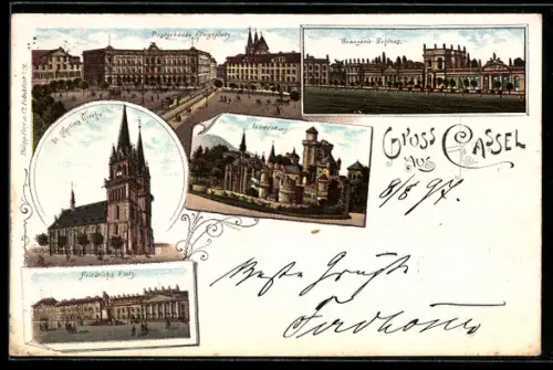 Lithographie Cassel, Friedrichsplatz, St. Martins Kirche, Orangerie-Schloss