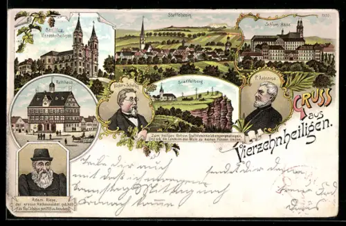Lithographie Vierzehnheiligen, Basilika, Staffelberg, Rathaus, Schloss Banz