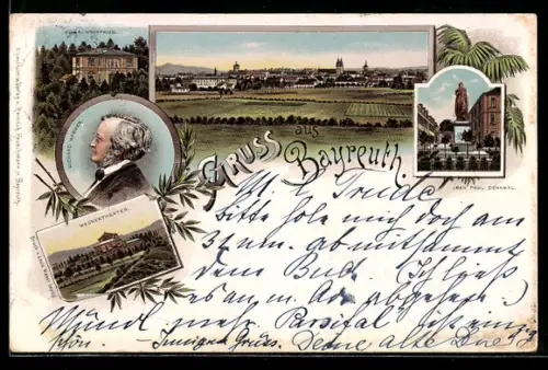 Lithographie Bayreuth, Stadtansicht, Wagner-Theater, Jean Paul Denkmal
