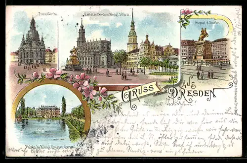 Lithographie Dresden, Frauenkirche, Schloss, Palais Grosser Garten, Denkmal August der Starke