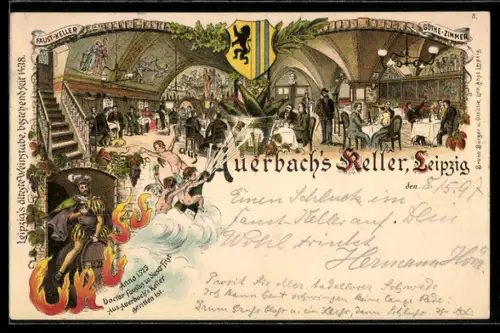 Lithographie Leipzig, Auerbachs Keller, Faust-Keller, Goethe-Zimmer