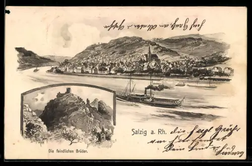 Künstler-AK Eugen Felle: Salzig a. Rh., Ortsansicht mit Rhein, Die feindlichen Brüder