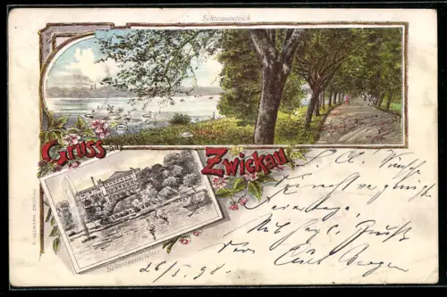 Lithographie Zwickau, Schwanenteich, Schwanenschloss