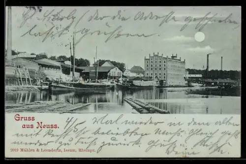 Mondschein-AK Neuss, Hafenansicht, Panorama mit Schiffen