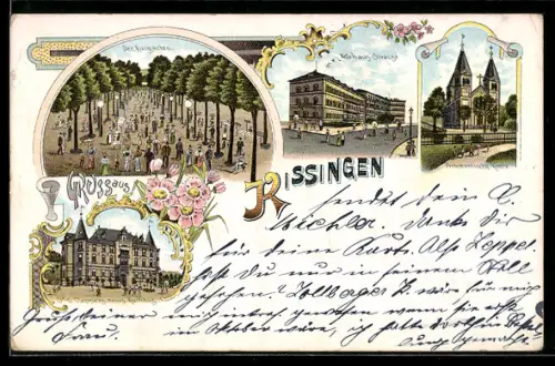 Lithographie Kissingen, Kurgarten, Dr. C. Dappers neues Kurhaus, katholische Kirche