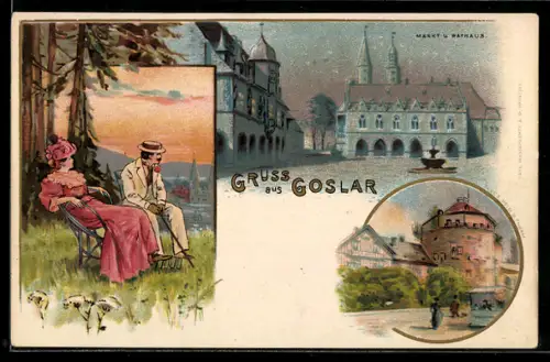 Lithographie Goslar, Markt und Rathaus, Ortspartie, Paar am Waldrand