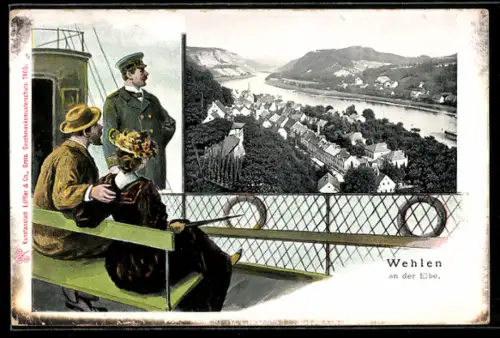 Lithographie Wehlen an der Elbe, Blick auf Stadt und Elbe, Schiffsdeck mit Kapitän und Passagieren