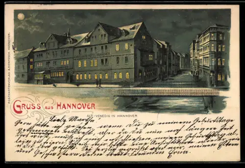 Mondschein-Lithographie Hannover, Alt-Venedig, Ortspartie mit Müllers Hotel Hannover