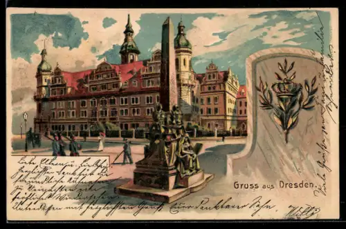 Lithographie Dresden, Schloss mit Obelisk