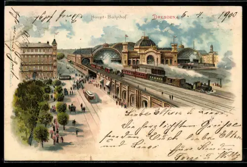 Lithographie Dresden, Hauptbahnhof, Züge, Strassenbahn