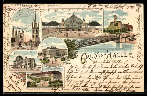 Lithographie Halle a. S., Marktplatz, Universität, Stadttheater, Frankesche Stiftung