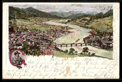 Künstler-AK Tölz, Ortsansicht, Panorama mit Isarbrücke aus der Vogelschau