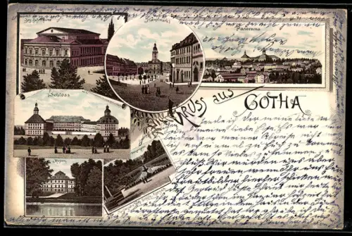Lithographie Gotha, Hauptmarkt, Panorama, Schloss