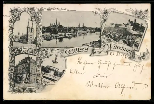 Lithographie Würzburg, Dom, Festung Marienberg, Mainansicht, Luitpold- u. Kiliansbrunnen
