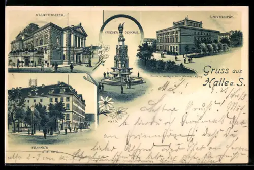 Lithographie Halle a. S., Stadttheater, Universität, Kriegerdenkmal, Frankesche Stiftung
