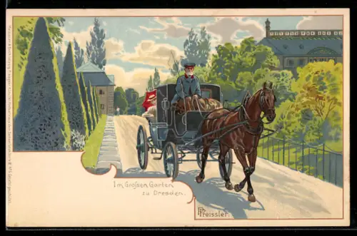 Lithographie Dresden, Im Grossen Garten, Dame in Kutsche mit Kutscher