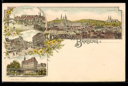 Lithographie Bamberg, Klein Venedig, Grüner Markt, Altenburg, Ortsansicht
