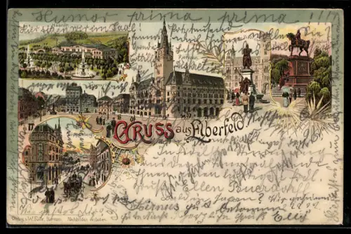 Lithographie Elberfeld, Rathaus, Haardt, Döppersberg, Reiterdenkmal