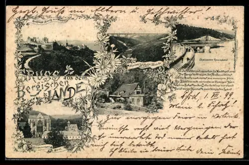 Lithographie Burg a. d. Wupper, Schloss Burg, Kaiser Wilhelm-Brücke, Thalsperre Remscheid