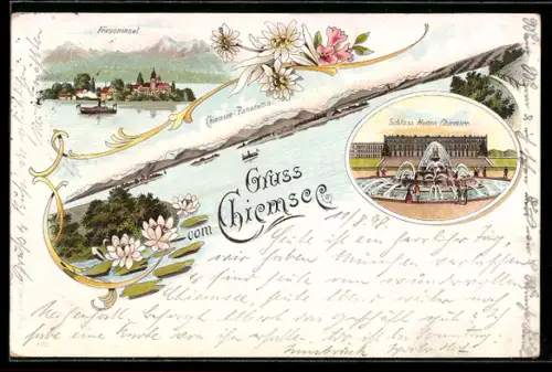 Lithographie Chiemsee, Panorama, Schloss Herren-Chiemsee, Fraueninsel