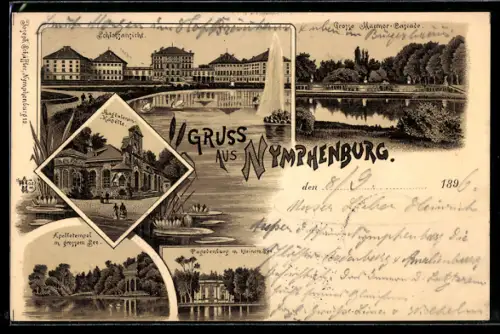 Lithographie München-Nymphenburg, Schlossansicht, Magdalenen-Kapelle, Apollotempel mit grossem See