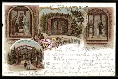 Lithographie Arenberg, Aufopferung des Kindes Maria, Jesus am Ölberg, Vermählung Marias & Josephs, die Fusstapfen Jesus