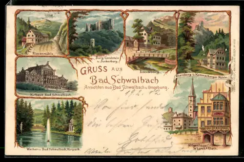 Lithographie Bad Schwalbach, Kurhaus, Riesenmühle, Rheinberg und Kammerberger Mühle