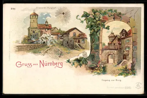 Sonnenschein-Lithographie Nürnberg, Äusserer Burghof, Eingang zur Burg, goldene Sonne