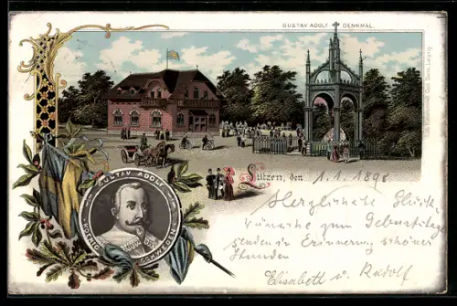 Lithographie Lützen, Gustav Adolf Denkmal und Gasthaus, Portrait des schwedischen Königs mit Fahne