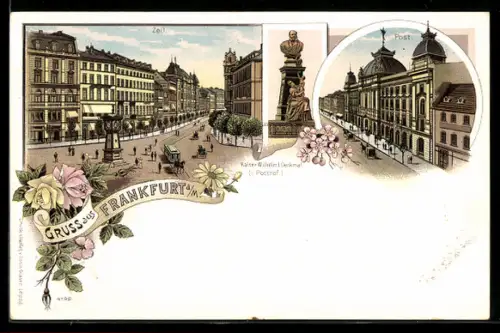 Lithographie Frankfurt a. M., Post, Kaiser Wilhelm-Denkmal i. Posthof, Zeil mit Strassenbahn