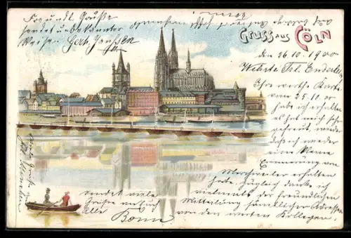 Lithographie Köln, Uferpartie mit Kirche