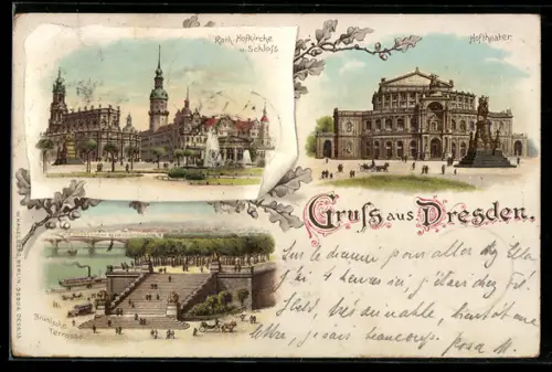 Lithographie Dresden, Kath. Hofkirche & Schloss, Hoftheater, Brühlsche Terrasse